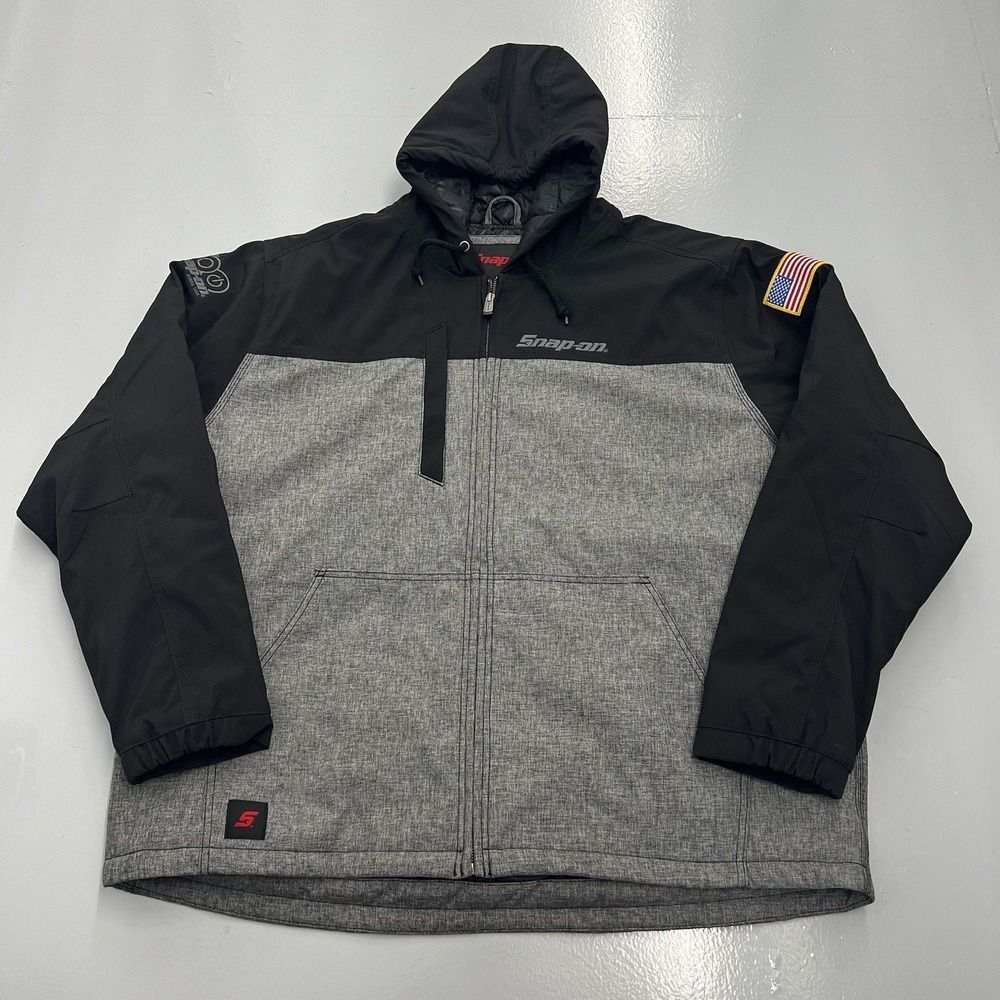Snap-on Mens 3XL Black Grey Softshell Hooded Quilted Work Jacket American Flag